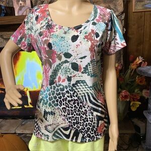 4/$10 ny collection artsy top stretchy animal print floral art to wear